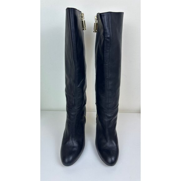 Banana Republic Women's Sz. 8M Tall Black Leather Stiletto Heeled Boots Gold Zip - Picture 3 of 16
